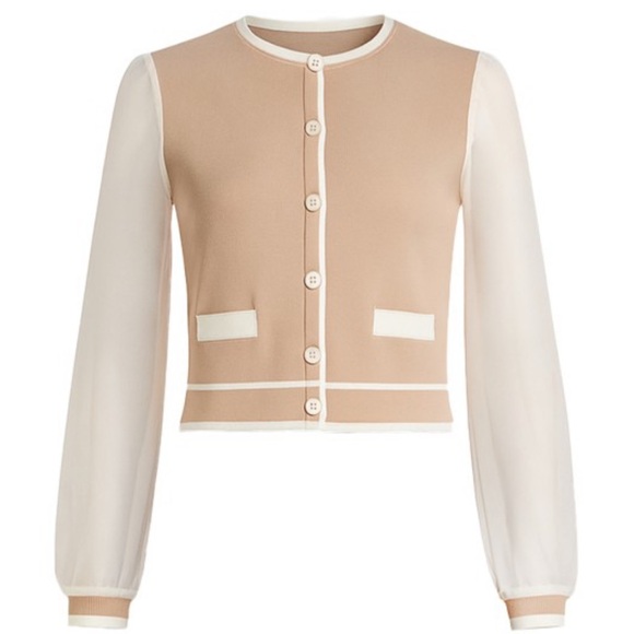 Rivir Sweaters - Rivir Organza Bloom Knit Cardigan w Balloon Sleeve in Tan/White